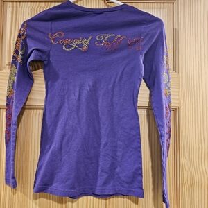 Cowgirl Tuff Co Girls Medium Rhinestone Long Sleeve Purple Flame Vneck Tee M